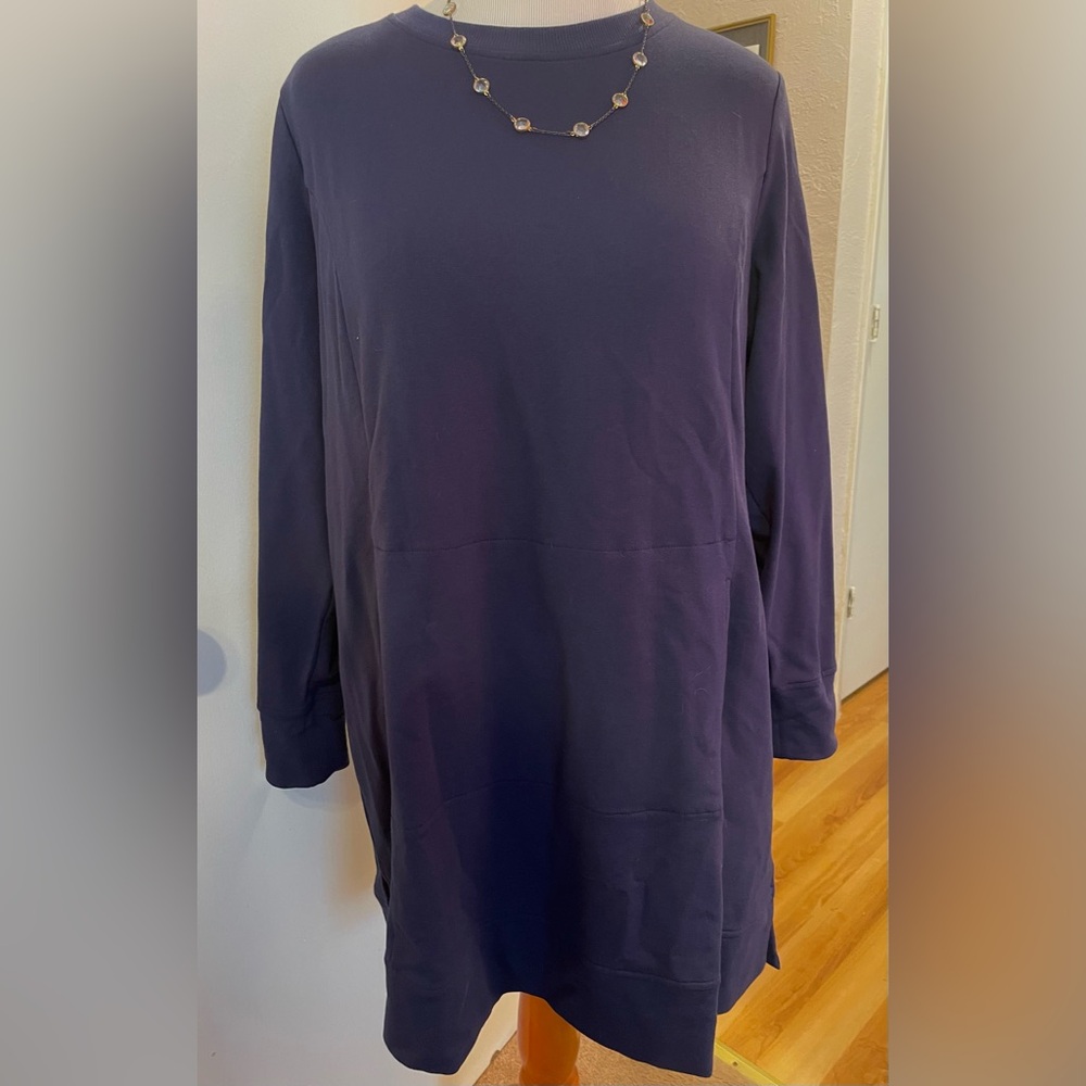Denim& Co Active Athletic Style Extra Long Tunic Top Navy Size LP